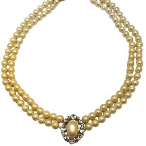 Double Strand Pearls + Pearl Cabochon and Rhinestones Focal Point Prom Jewelry
